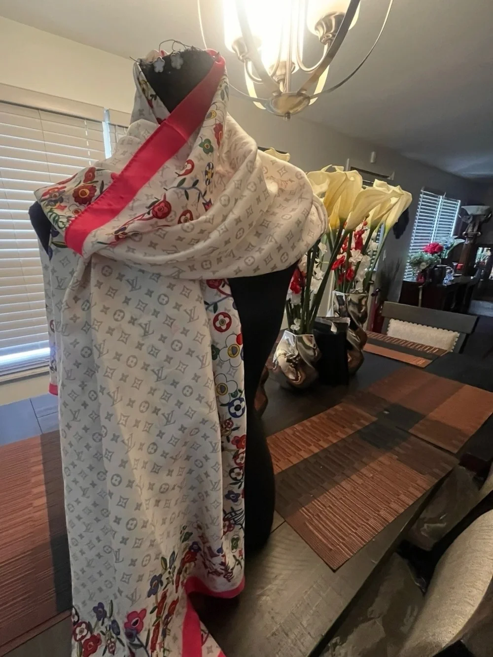 Luxury White Floral Border Silk Scarf